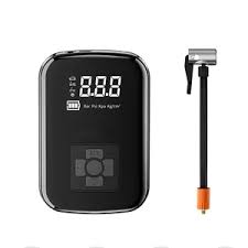 Portable digital tire inflator and detachable air hose on a white background.