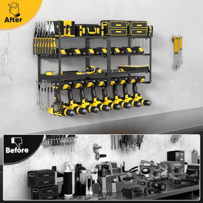 Before and after comparison of a messy workbench and an organized tool rack.