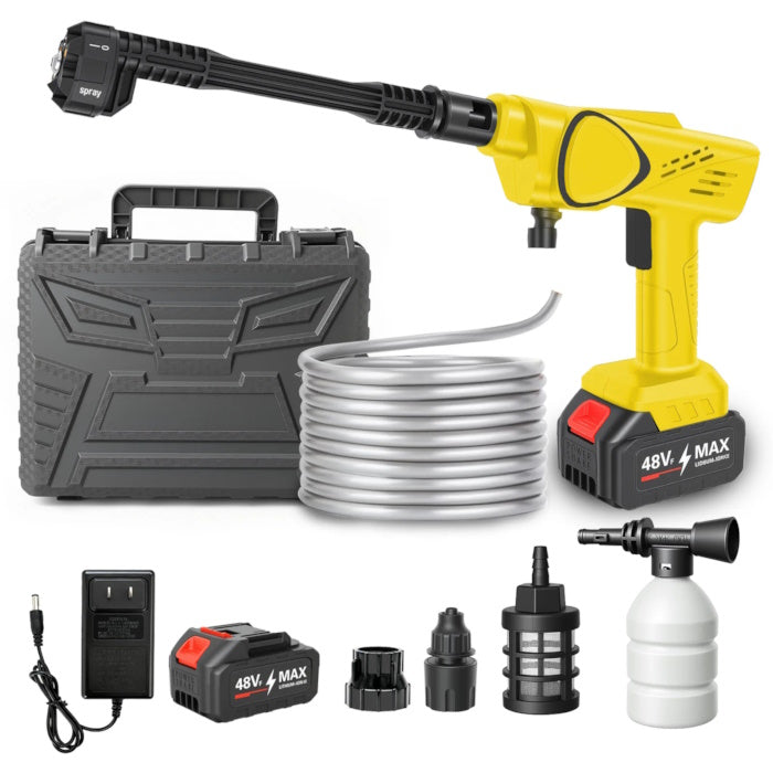 Yellow handheld cordless pressure washer with 21V battery on white background