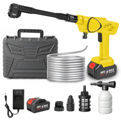 Yellow handheld cordless pressure washer with 21V battery on white background