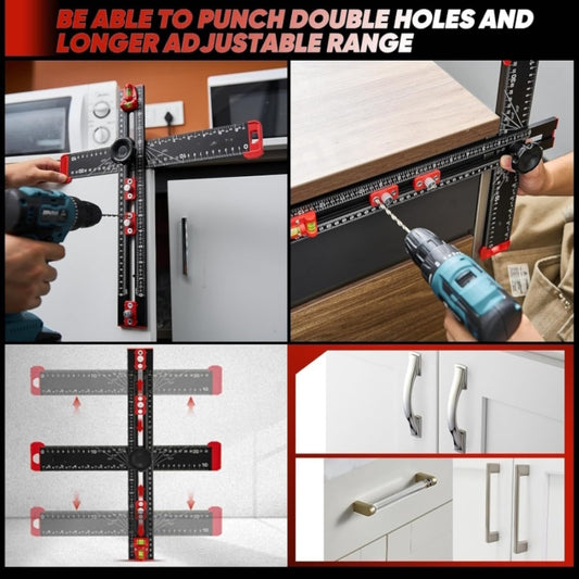 Adjustable hardware jig with drill and installed cabinet handles.