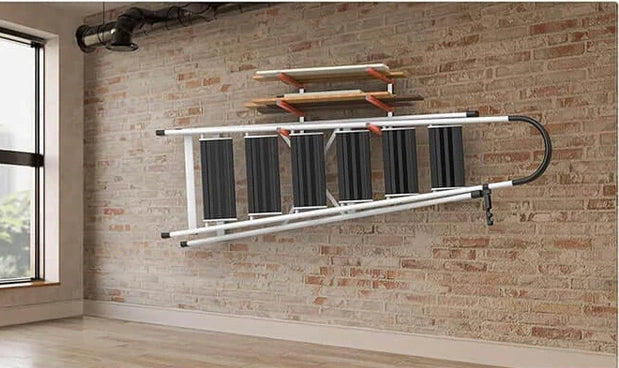 Garage wall-mounted steel storage rack organizing lumber and a ladder in a spacious workshop.