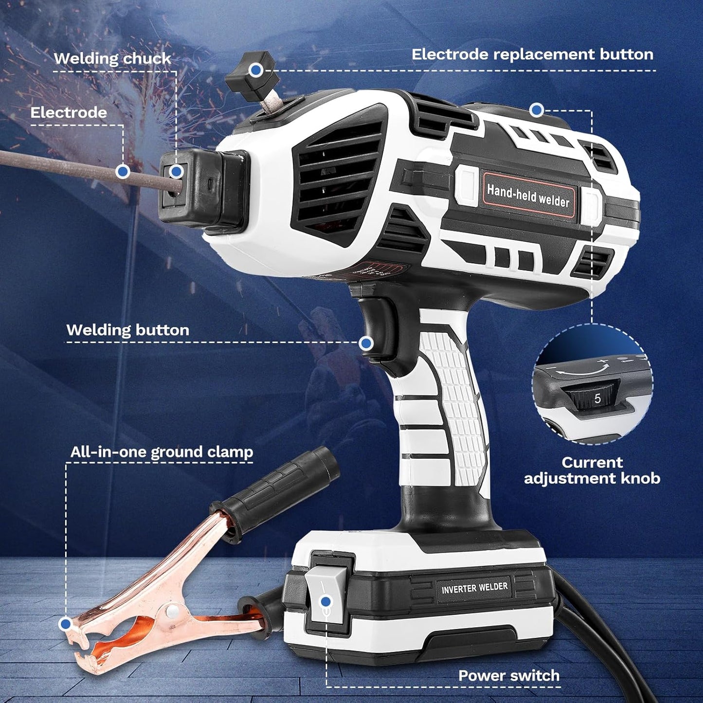 tal display and adjustment knob on a portable handheld arc welding machine