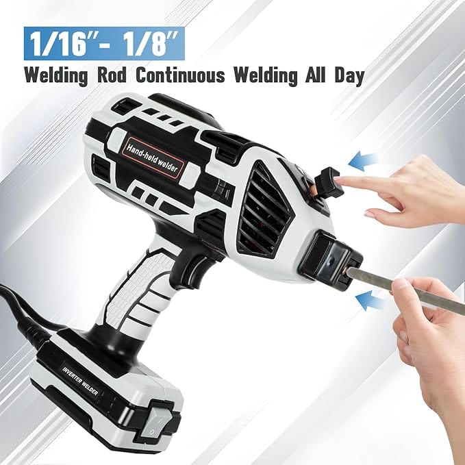 Ergonomic non-slip handle on a handheld arc welder for a comfortable secure grip