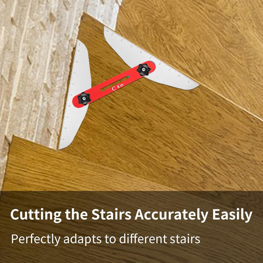 smiling professional contractor holding a stair tread template tool