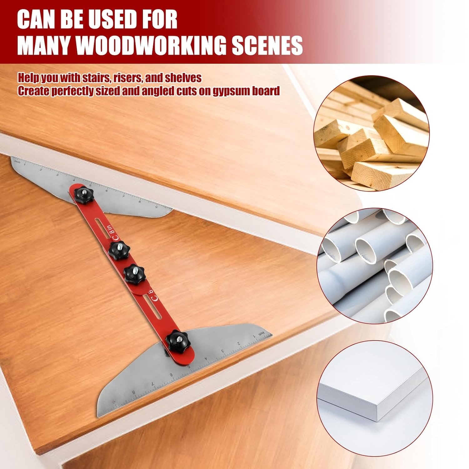 Using a professional stair tread template tool to measure a stair riser