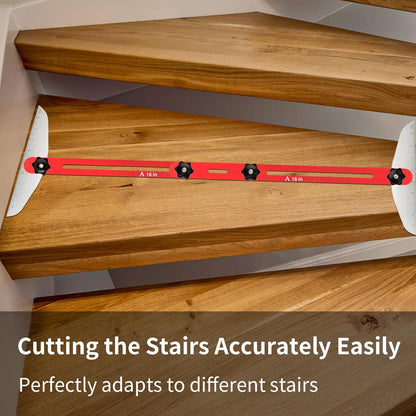 Close-up of a stainless steel stair tread jig measuring a wooden step.