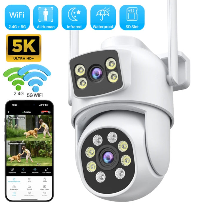 10MP dual lens security camera set with power supply and mounting tools.