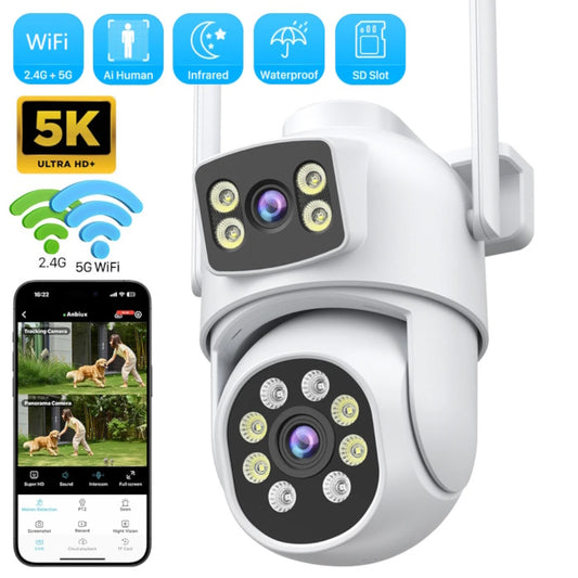 10MP dual lens security camera set with power supply and mounting tools.
